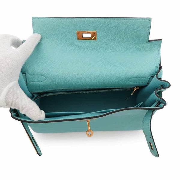 エルメス ハンドバッグ ケリー28 内縫い ブルーアトール/ゴールド金具 トゴ T刻印 2wayショルダー