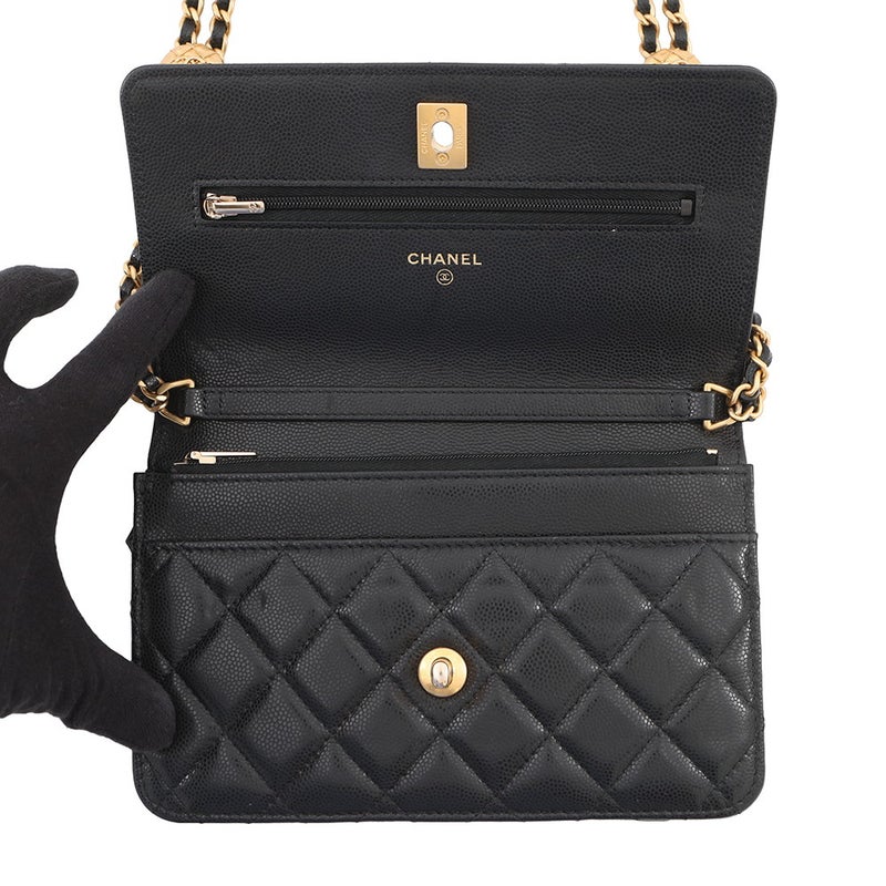 シャネル チェーンウォレット マトラッセ ココマーク コインモチーフ キャビアスキン CHANEL 財布 黒