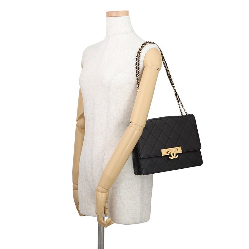 シャネル チェーンショルダーバッグ マトラッセ ココマーク ココロック ダブルチェーン CHANEL 黒