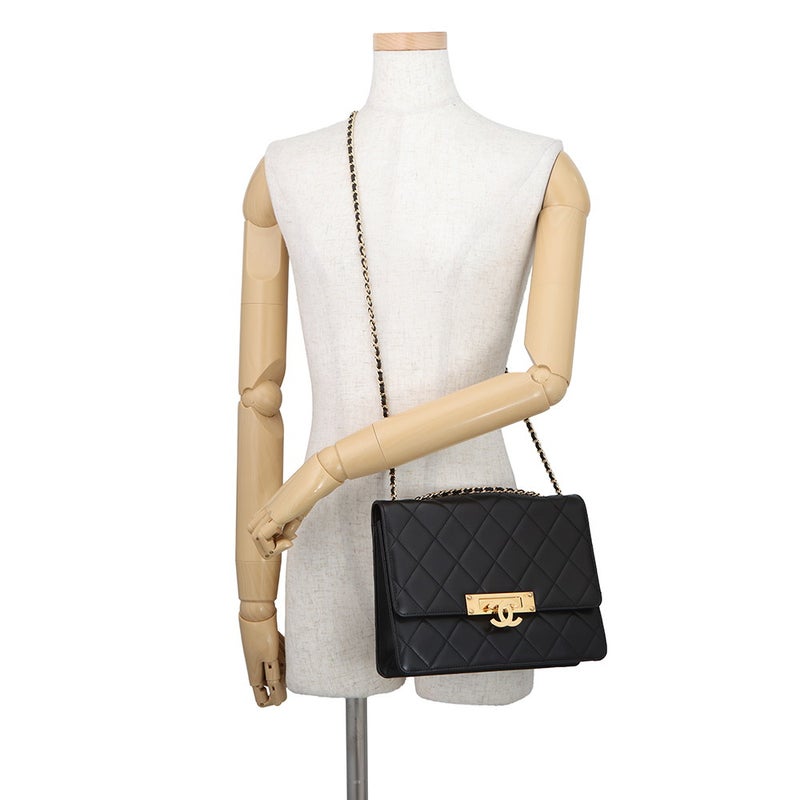 シャネル チェーンショルダーバッグ マトラッセ ココマーク ココロック ダブルチェーン CHANEL 黒
