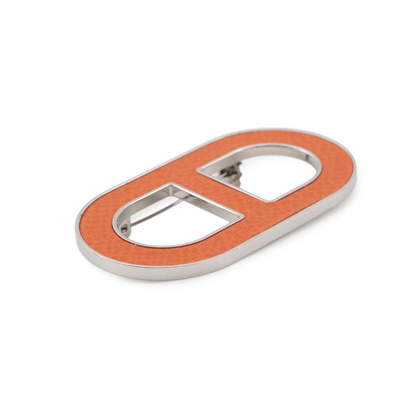 エルメス ブローチ シェーヌダンクル オレンジ/シルバー金具 エプソン HERMES アクセサリー