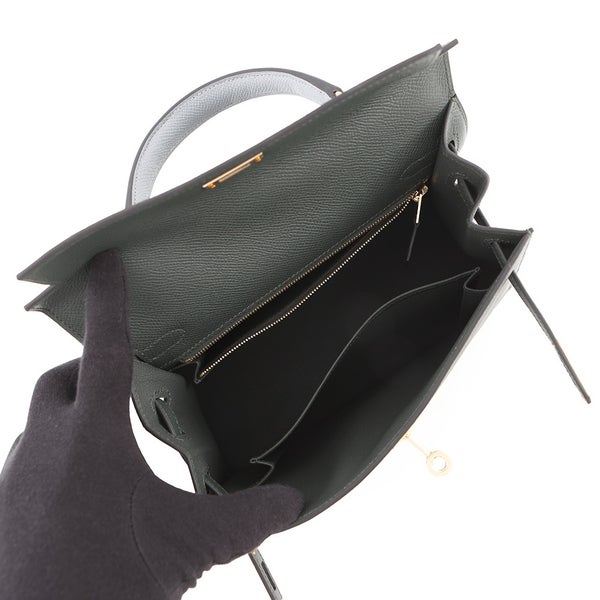 エルメス ケリー25 外縫い トリコロール ヴェールマングローブ/グリパンタン/ブラック/シャンパンゴールド金具 エプソン G刻印