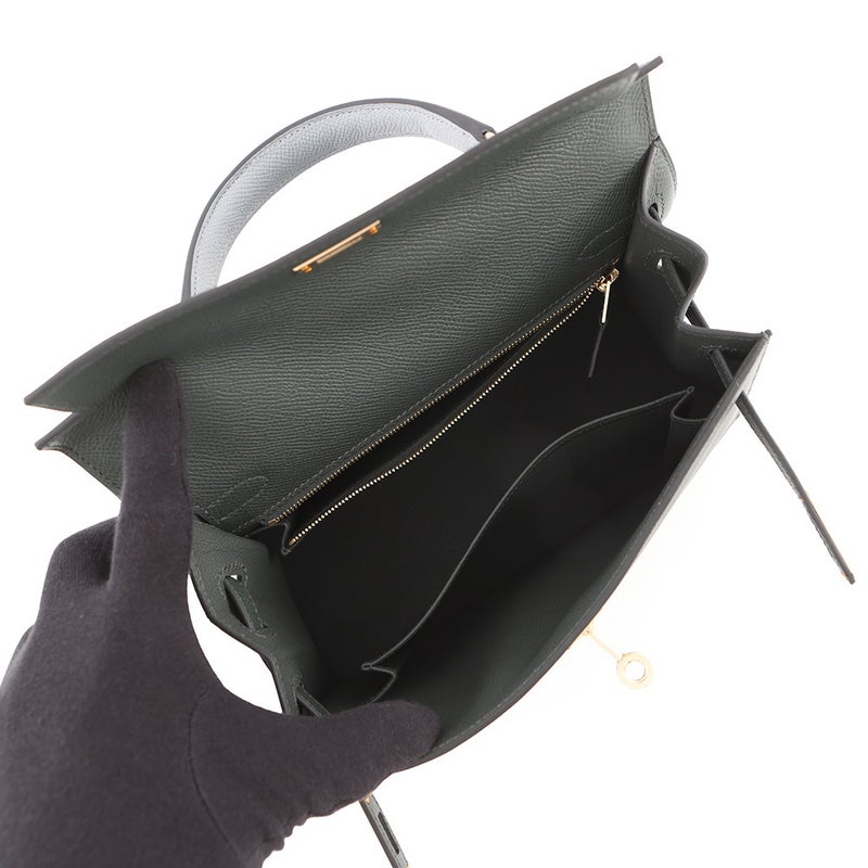 エルメス ケリー25 外縫い トリコロール ヴェールマングローブ/グリパンタン/ブラック/シャンパンゴールド金具 エプソン G刻印