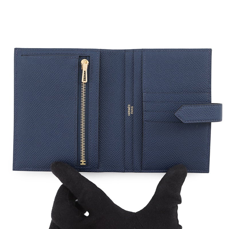 エルメス 二つ折り財布 ベアンコンパクト ブルーネイビー/ゴールド金具 エプソン K刻印 財布