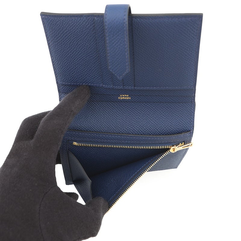 エルメス 二つ折り財布 ベアンコンパクト ブルーネイビー/ゴールド金具 エプソン K刻印 財布