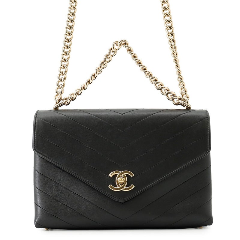 シャネル チェーンショルダーバッグ シェブロン ココマーク レザー CHANEL Vステッチ 黒 2way