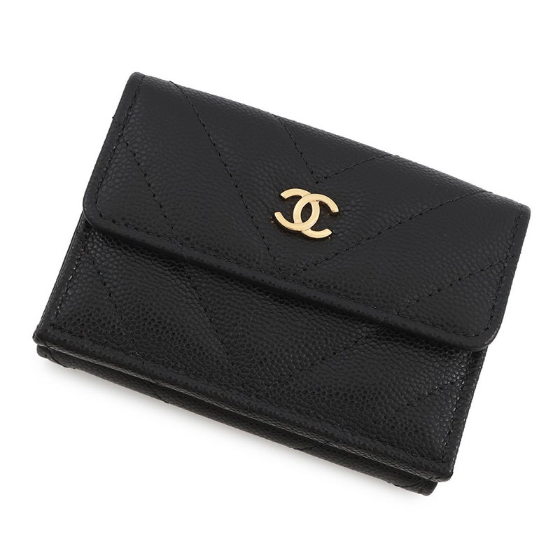 シャネル 三つ折り財布 シェブロン スモール フラップ コンパクトウォレット キャビアスキン AP5202 CHANEL 財布 黒
