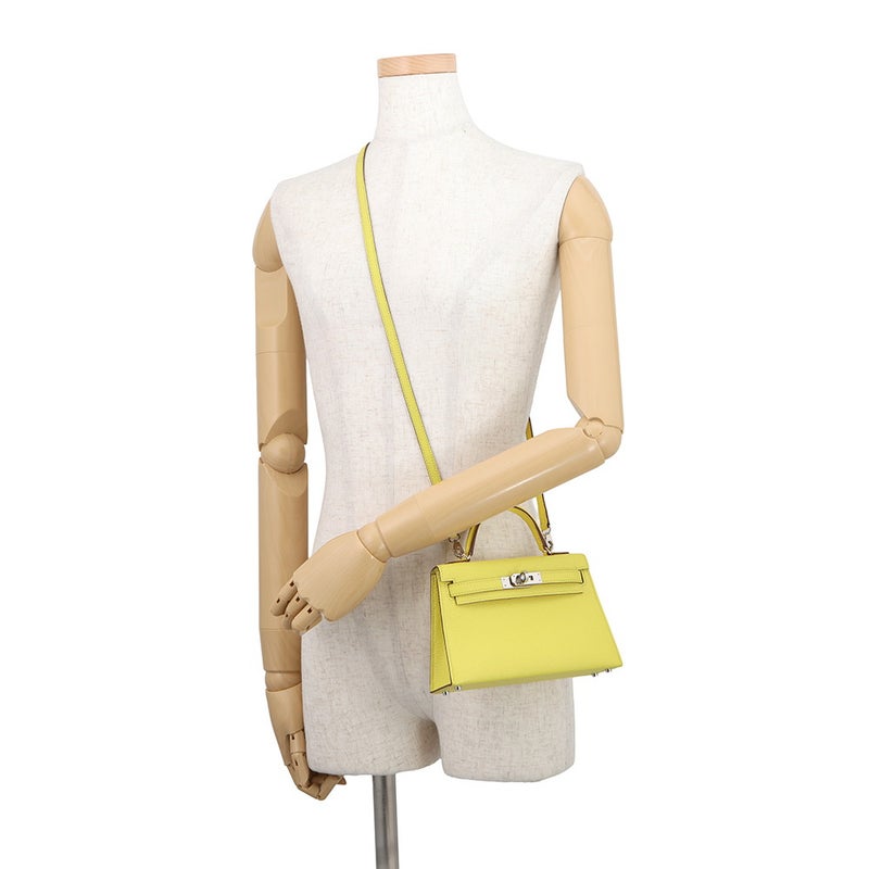 エルメス ミニケリー2 外縫い ライム/シルバー金具 シェブルミゾル U刻印 HERMES ２wayショルダー