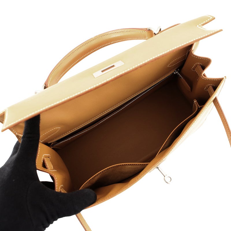 エルメス ハンドバッグ ケリー32 外縫い ナチュラル/シルバー金具 ヴォーシャモニー □D刻印 ２wayショルダー