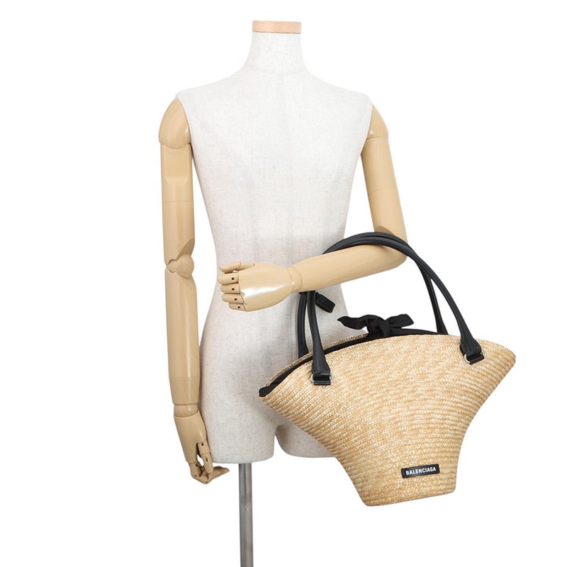 バレンシアガ ハンドバッグ ビーチバッグ ラフィア/レザー ミディアム BALENCIAGA バッグ かごバッグ 黒