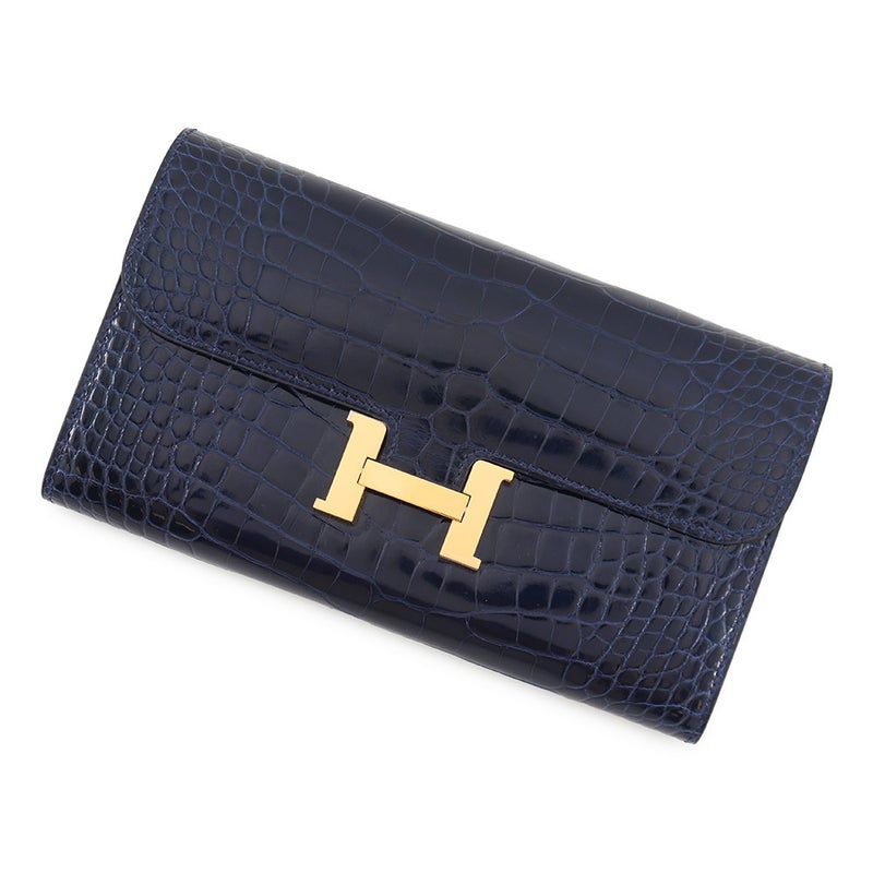 エルメス 長財布 コンスタンス ロング ヴェルソ ブルーサフィール/ブルーパオン/ゴールド金具 アリゲーターシャイン A刻印 財布