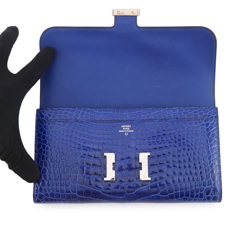 エルメス 長財布 コンスタンス ロング ブルーエレクトリック/シルバー金具 アリゲーターシャイン □Q刻印 HERMES 財布