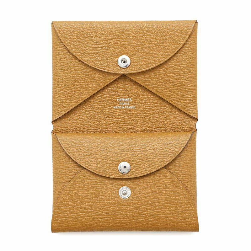 エルメス コインケース カルヴィ デュオ キャラメル/シルバー金具 シェブルミゾル W刻印 シェーブル