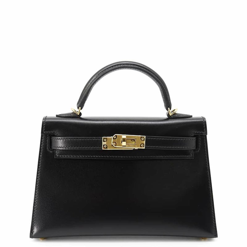 エルメス ハンドバッグ ミニケリー2 外縫い ブラック/ゴールド金具 ボックスカーフ U刻印 2wayショルダー 黒