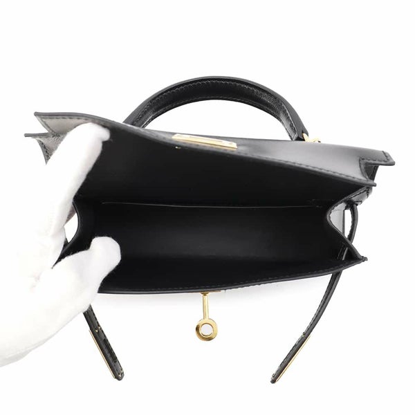 エルメス ハンドバッグ ミニケリー2 外縫い ブラック/ゴールド金具 ボックスカーフ U刻印 2wayショルダー 黒