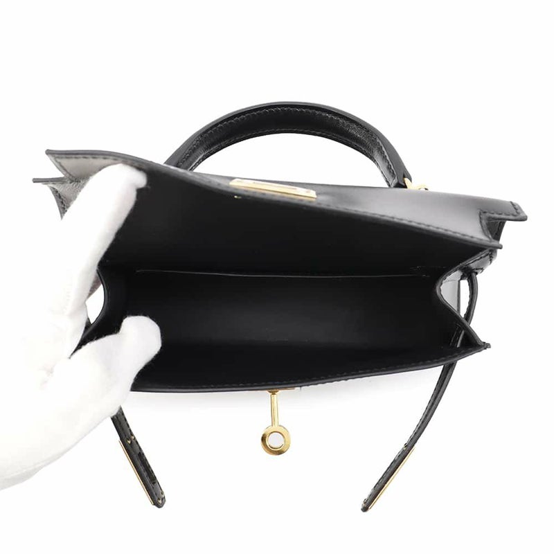 エルメス ハンドバッグ ミニケリー2 外縫い ブラック/ゴールド金具 ボックスカーフ U刻印 2wayショルダー 黒