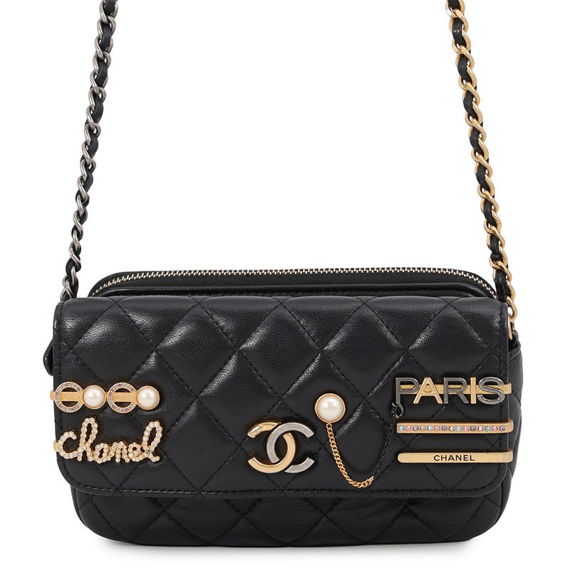 シャネル チェーンウォレット マトラッセ ココマーク ラムスキン パール AP2508 CHANEL 財布 黒