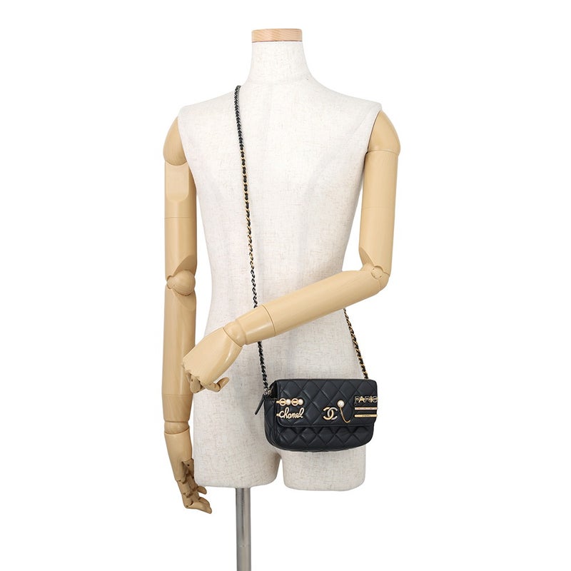 シャネル チェーンウォレット マトラッセ ココマーク ラムスキン パール AP2508 CHANEL 財布 黒