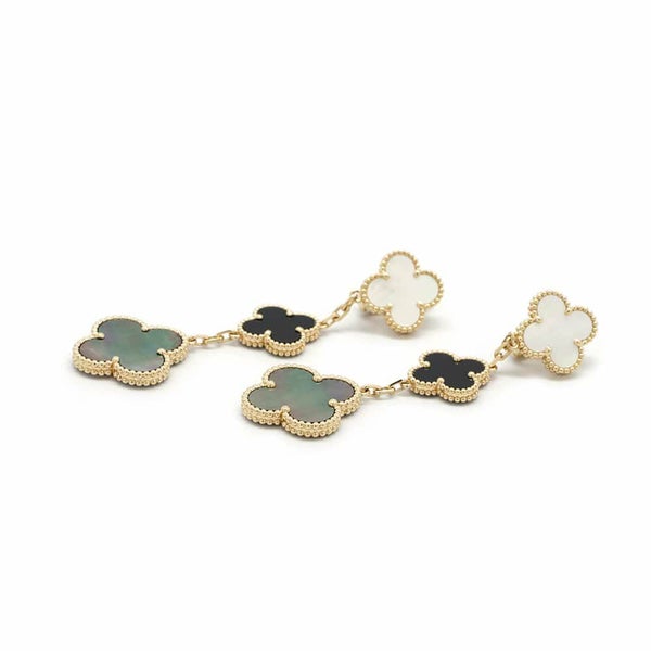 ヴァンクリーフ&アーペル ピアス マジック アルハンブラ イヤリング 3モチーフ オニキス ホワイト&グレー マザーオブパール K18YG