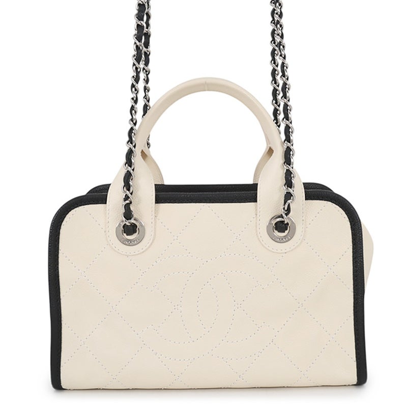 シャネル ハンドバッグ キャビアスキン ココマーク ドーヴィル ボーリング A92757 CHANEL バッグ 2way 白　黒