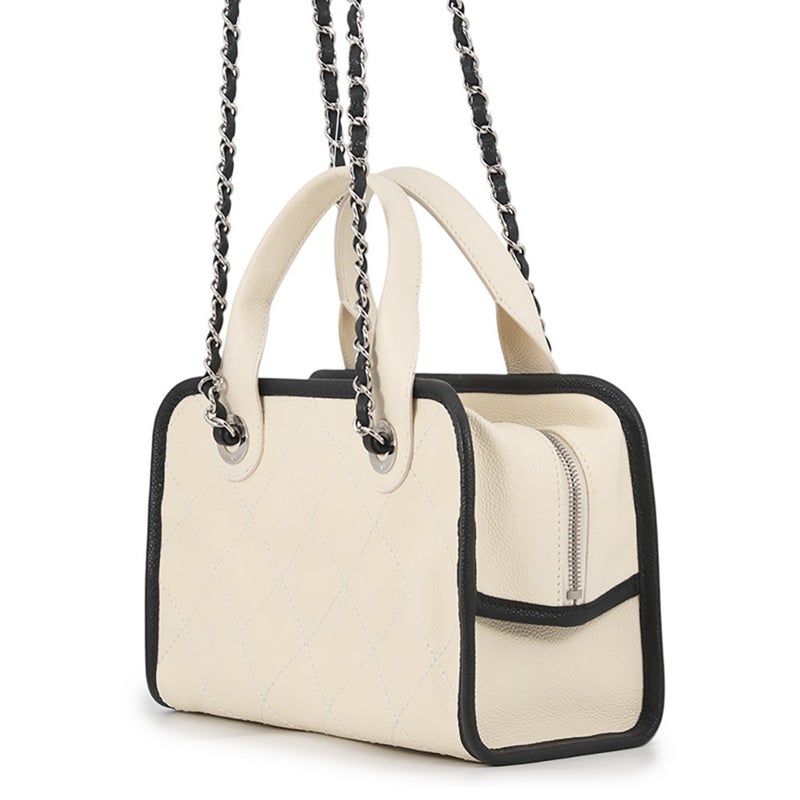 シャネル ハンドバッグ キャビアスキン ココマーク ドーヴィル ボーリング A92757 CHANEL バッグ 2way 白　黒