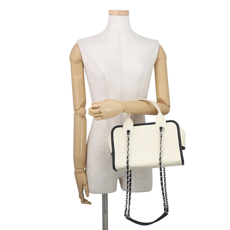 シャネル ハンドバッグ キャビアスキン ココマーク ドーヴィル ボーリング A92757 CHANEL バッグ 2way 白　黒