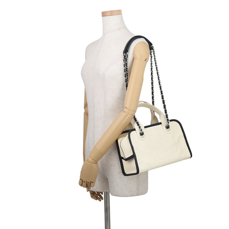 シャネル ハンドバッグ キャビアスキン ココマーク ドーヴィル ボーリング A92757 CHANEL バッグ 2way 白　黒