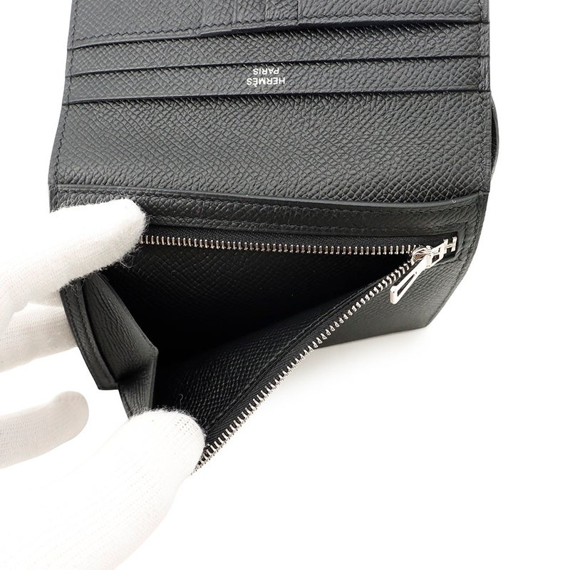 エルメス 二つ折り財布 ベアンコンパクト ブラック/シルバー金具 エプソン W刻印 財布 黒