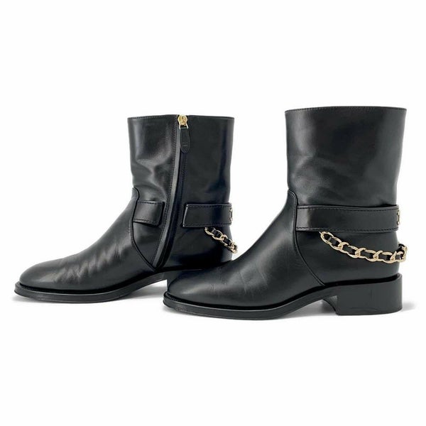 シャネル ショートブーツ ココマーク チェーン レザー レディースサイズ37 1/2C CHANEL 靴 黒