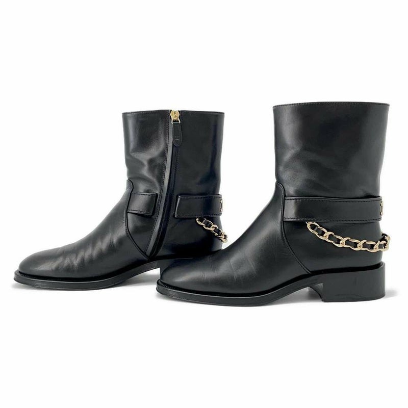 シャネル ショートブーツ ココマーク チェーン レザー レディースサイズ37 1/2C CHANEL 靴 黒