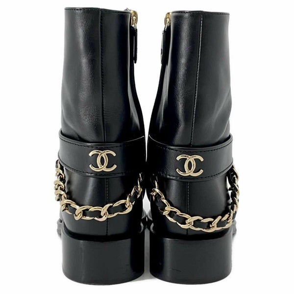 シャネル ショートブーツ ココマーク チェーン レザー レディースサイズ37 1/2C CHANEL 靴 黒