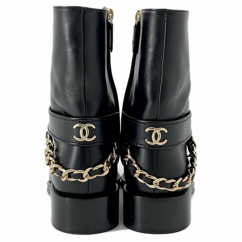 シャネル ショートブーツ ココマーク チェーン レザー レディースサイズ37 1/2C CHANEL 靴 黒