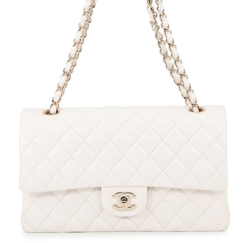シャネル チェーンショルダーバッグ マトラッセ25 ココマーク キャビアスキン ダブルチェーン A01112 CHANEL 白