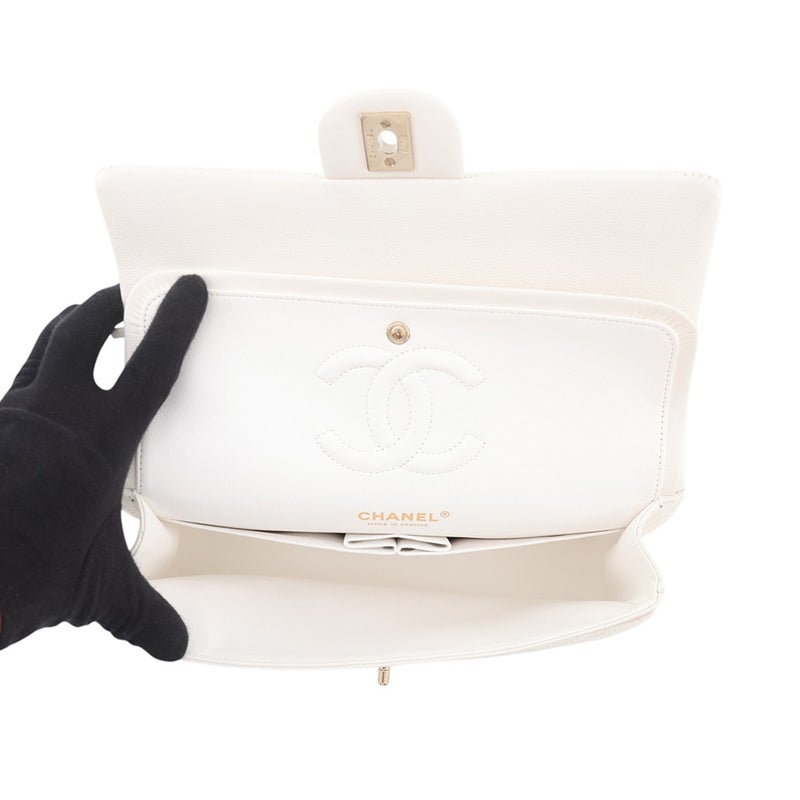 シャネル チェーンショルダーバッグ マトラッセ25 ココマーク キャビアスキン ダブルチェーン A01112 CHANEL 白
