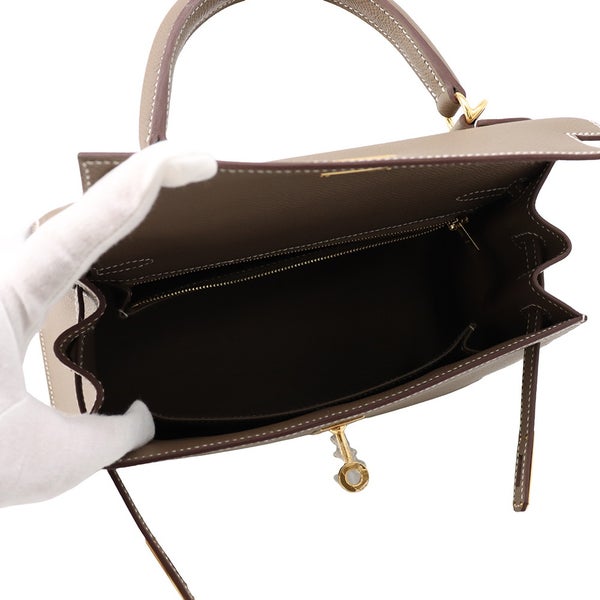 エルメス ハンドバッグ ケリー25 外縫い エトゥープ/ゴールド金具 エプソン G刻印 HERMES Kelly 2wayバッグ
