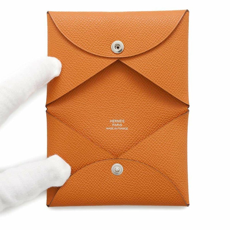 エルメス カードケース カルヴィ オレンジ/シルバー金具 エプソン W刻印 HERMES 名刺入れ パスケース 財布