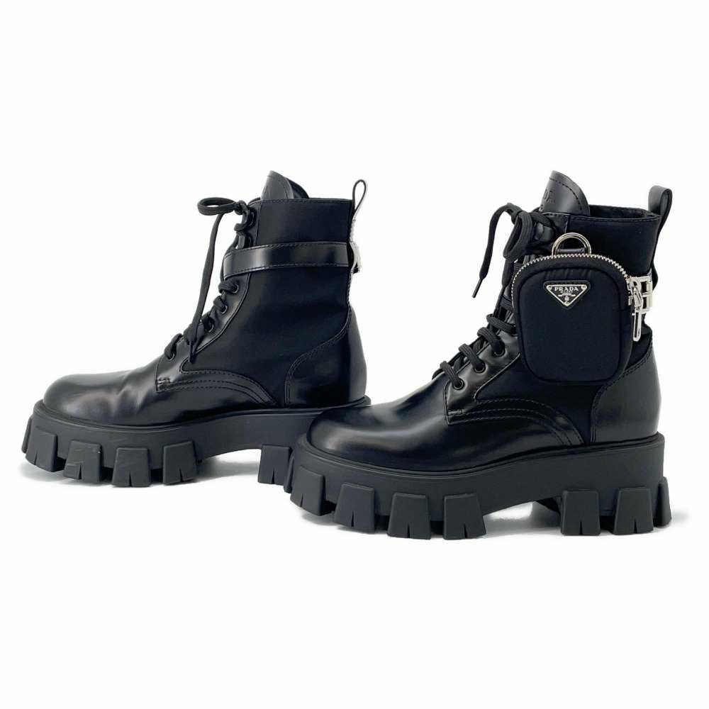 プラダ ブーツ モノリス ポーチ付 レザー Re-Nylon コンバットブーツ