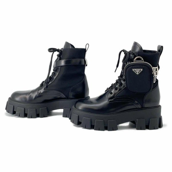 プラダ ブーツ モノリス ポーチ付 レザー Re-Nylon コンバットブーツ レディースサイズ37 2/1 1T255M PRADA 靴 黒