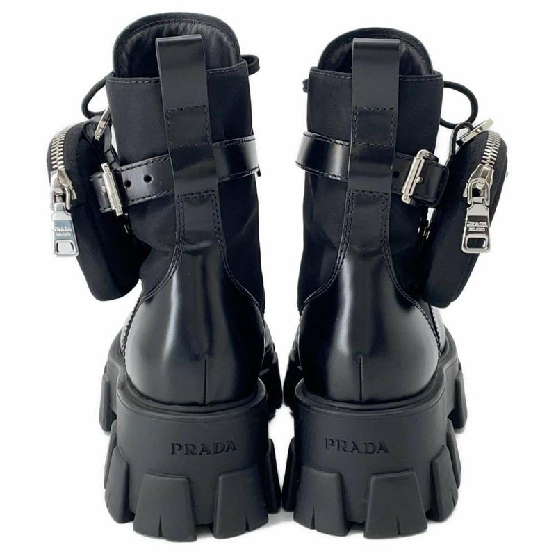 プラダ ブーツ モノリス ポーチ付 レザー Re-Nylon コンバットブーツ レディースサイズ37 2/1 1T255M PRADA 靴 黒
