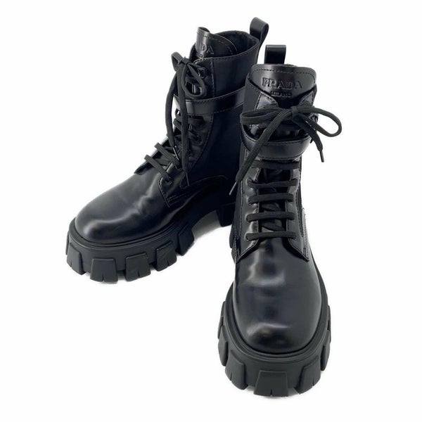 プラダ ブーツ モノリス ポーチ付 レザー Re-Nylon コンバットブーツ レディースサイズ37 2/1 1T255M PRADA 靴 黒