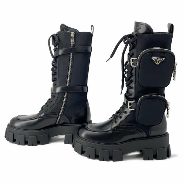 プラダ ロングブーツ モノリス ポーチ付 コンバットブーツ レディースサイズ37 2/1 PRADA 靴 黒