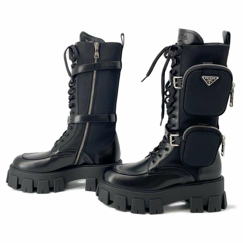 プラダ ロングブーツ モノリス ポーチ付 コンバットブーツ レディースサイズ37 2/1 PRADA 靴 黒