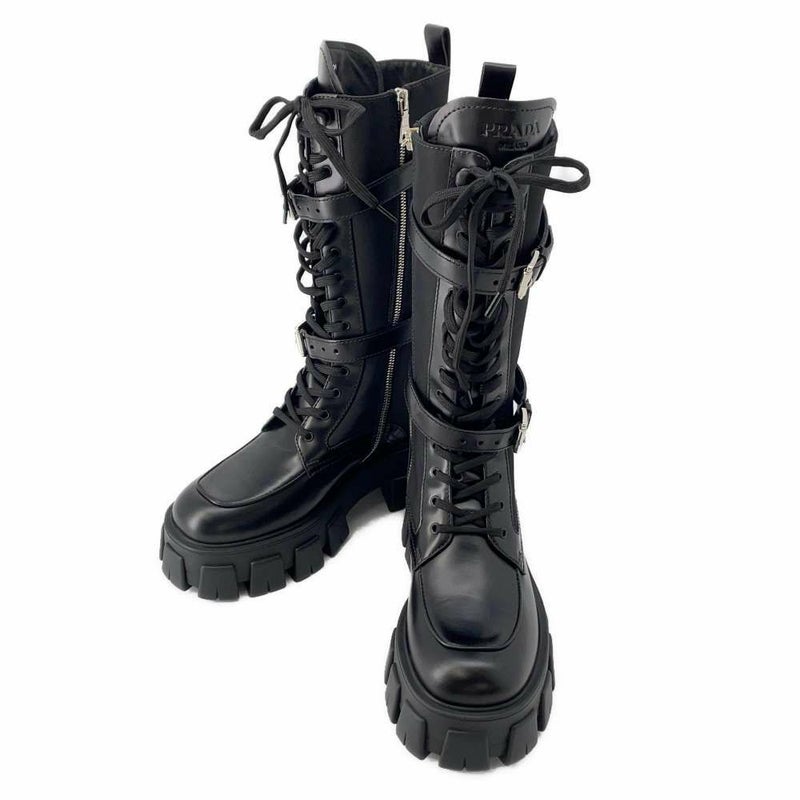 プラダ ロングブーツ モノリス ポーチ付 コンバットブーツ レディースサイズ37 2/1 PRADA 靴 黒