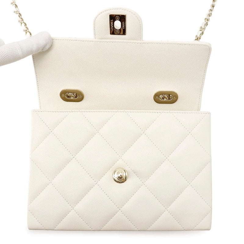 シャネル チェーンショルダーバッグ マトラッセ ココマーク トップハンドル ミニ フラップ キャビアスキン AS4711 CHANEL 白