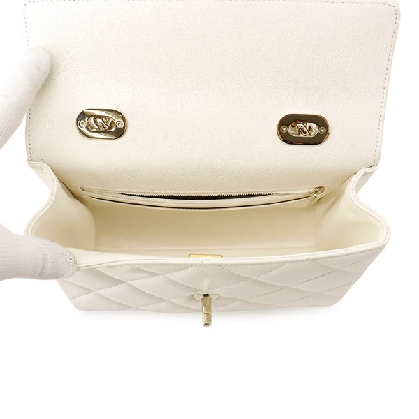 シャネル チェーンショルダーバッグ マトラッセ ココマーク トップハンドル ミニ フラップ キャビアスキン AS4711 CHANEL 白