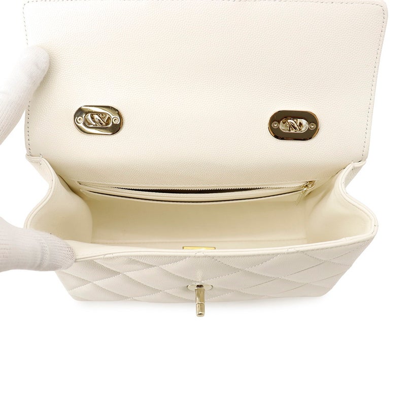 シャネル チェーンショルダーバッグ マトラッセ ココマーク トップハンドル ミニ フラップ キャビアスキン AS4711 CHANEL 白