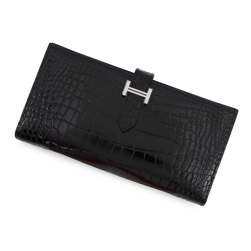 エルメス 長財布 ベアンスフレ ブラック/シルバー金具 アリゲーターシャイン K刻印 HERMES 黒
