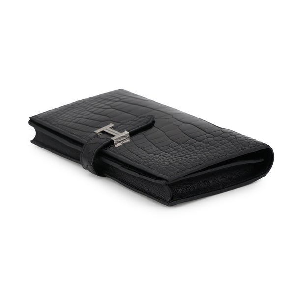 エルメス 長財布 ベアンスフレ ブラック/シルバー金具 アリゲーターシャイン K刻印 HERMES 黒