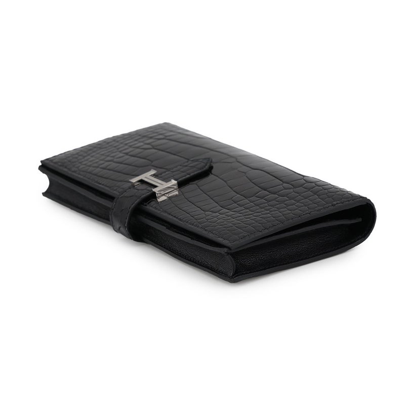 エルメス 長財布 ベアンスフレ ブラック/シルバー金具 アリゲーターシャイン K刻印 HERMES 黒