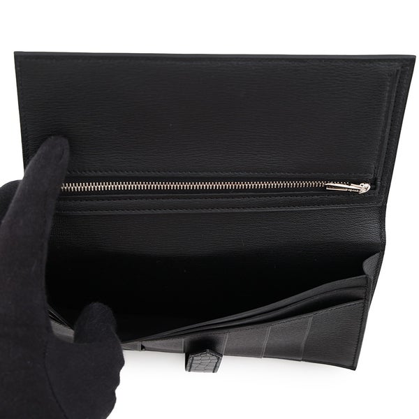 エルメス 長財布 ベアンスフレ ブラック/シルバー金具 アリゲーターシャイン K刻印 HERMES 黒